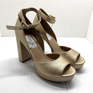 Sun + Stone Gold Platform Block Heel Sandals Ankle Strap Size 10 New